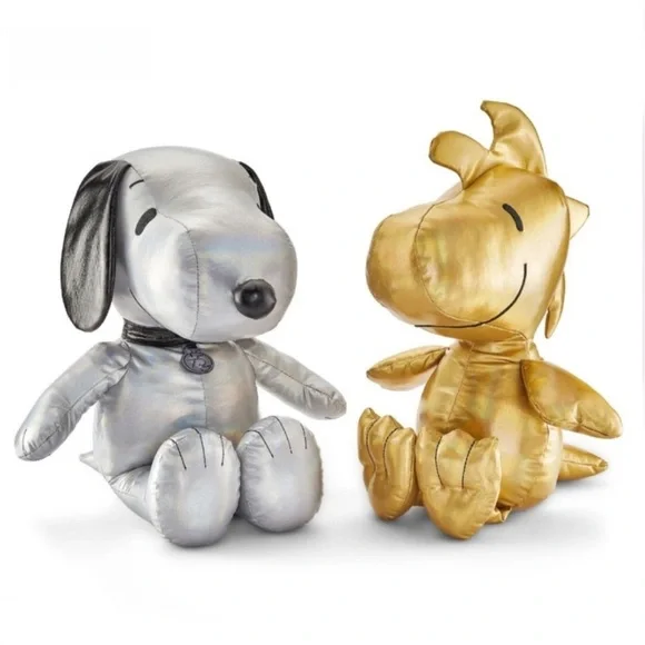 NWT Limited Edition 75-Years Snoopy & Woodstock (Set of 2) Metallic Plushes - Picture 2 of 6